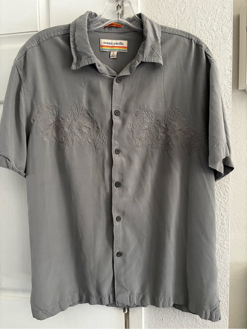 OP Gray Short Sleeve Embroidered Camp Shirt